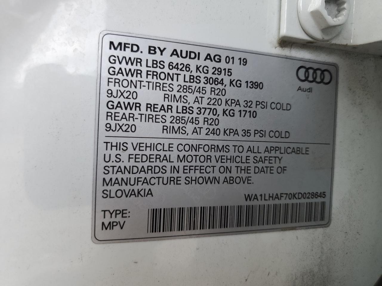 2019 AUDI Q7 PREMIUM - WA1LHAF70KD028645