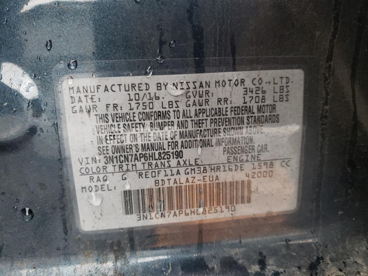 2017 NISSAN VERSA S - 3N1CN7AP6HL825190