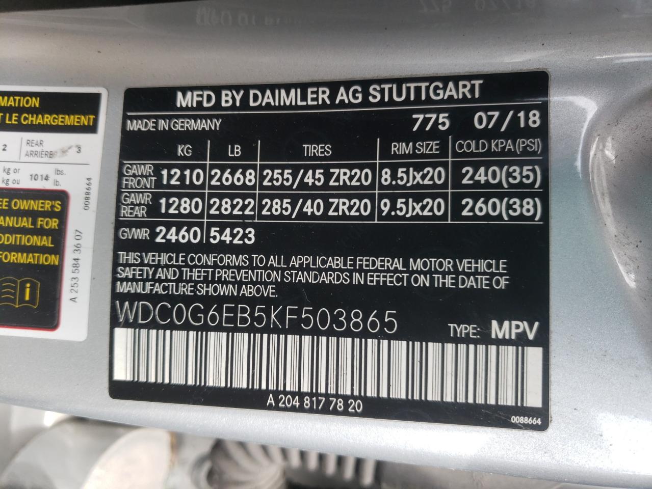 2019 MERCEDES-BENZ GLC 43 4MA - WDC0G6EB5KF503865
