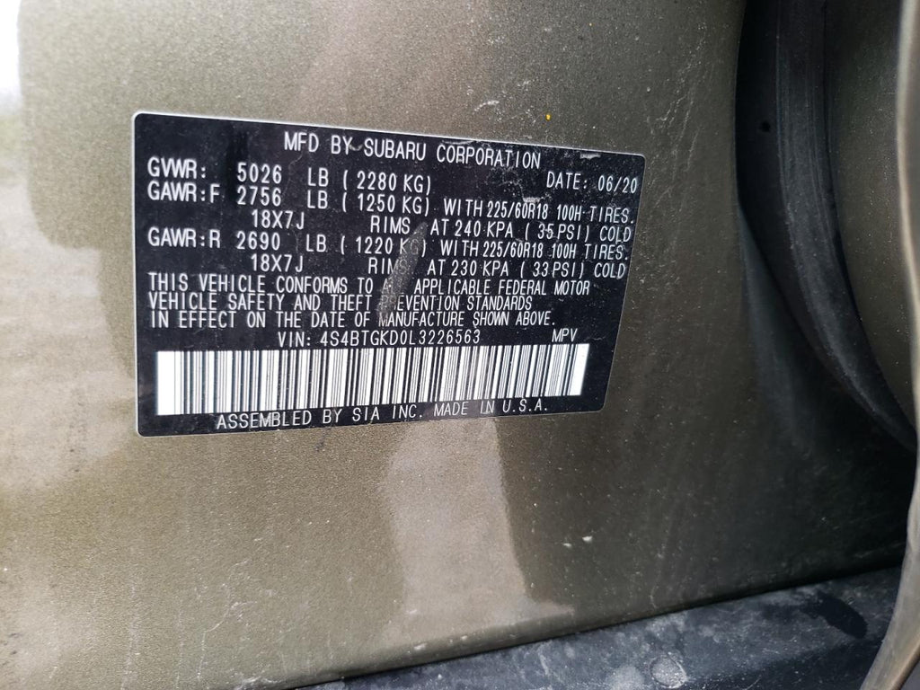 2020 SUBARU OUTBACK ON - 4S4BTGKD0L3226563