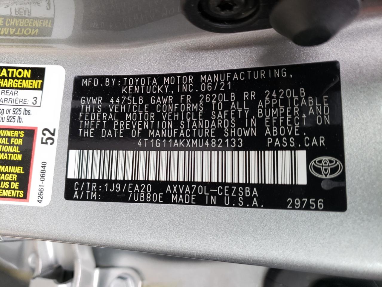 2021 TOYOTA CAMRY SE - 4T1G11AKXMU482133