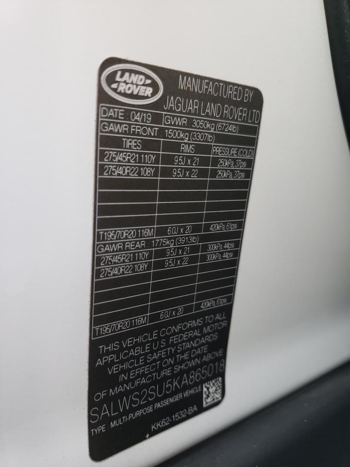 2019 LAND ROVER RANGE ROVE - SALWS2SU5KA865018