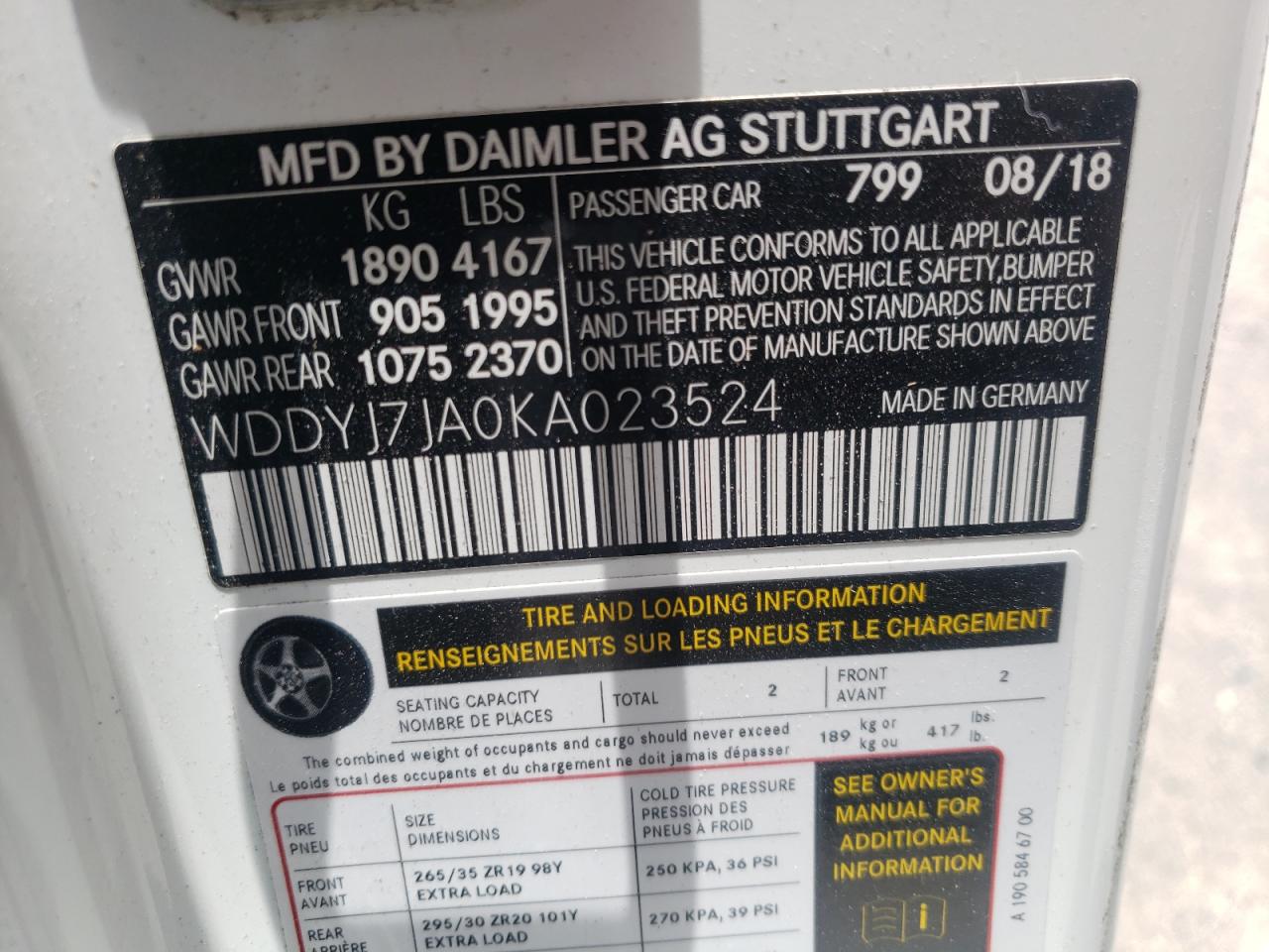 2019 MERCEDES-BENZ AMG GT S - WDDYJ7JA0KA023524