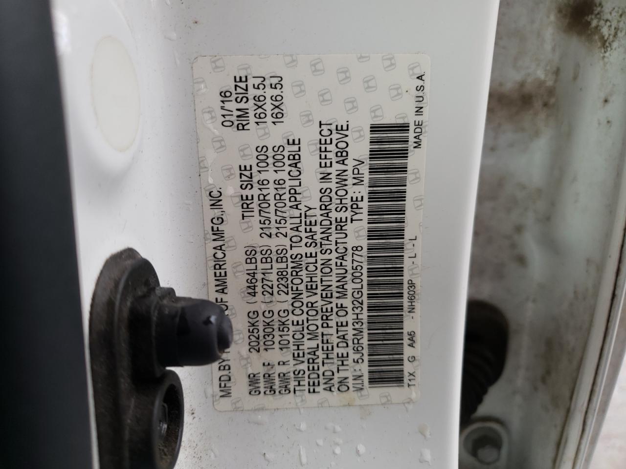 2016 HONDA CR-V LX - 5J6RM3H32GL005778