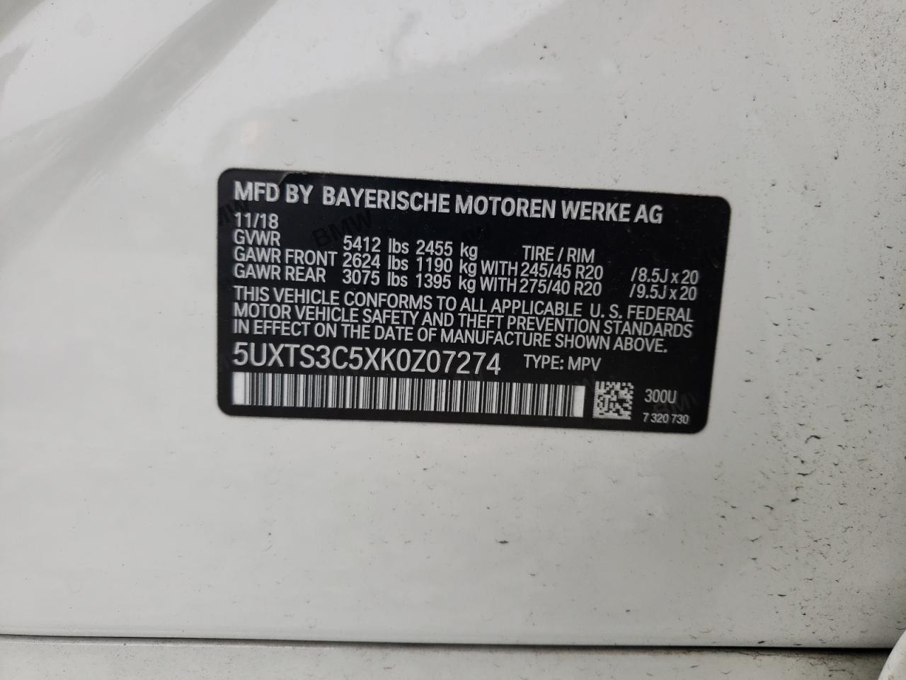 2019 BMW X3 XDRIVEM - 5UXTS3C5XK0Z07274