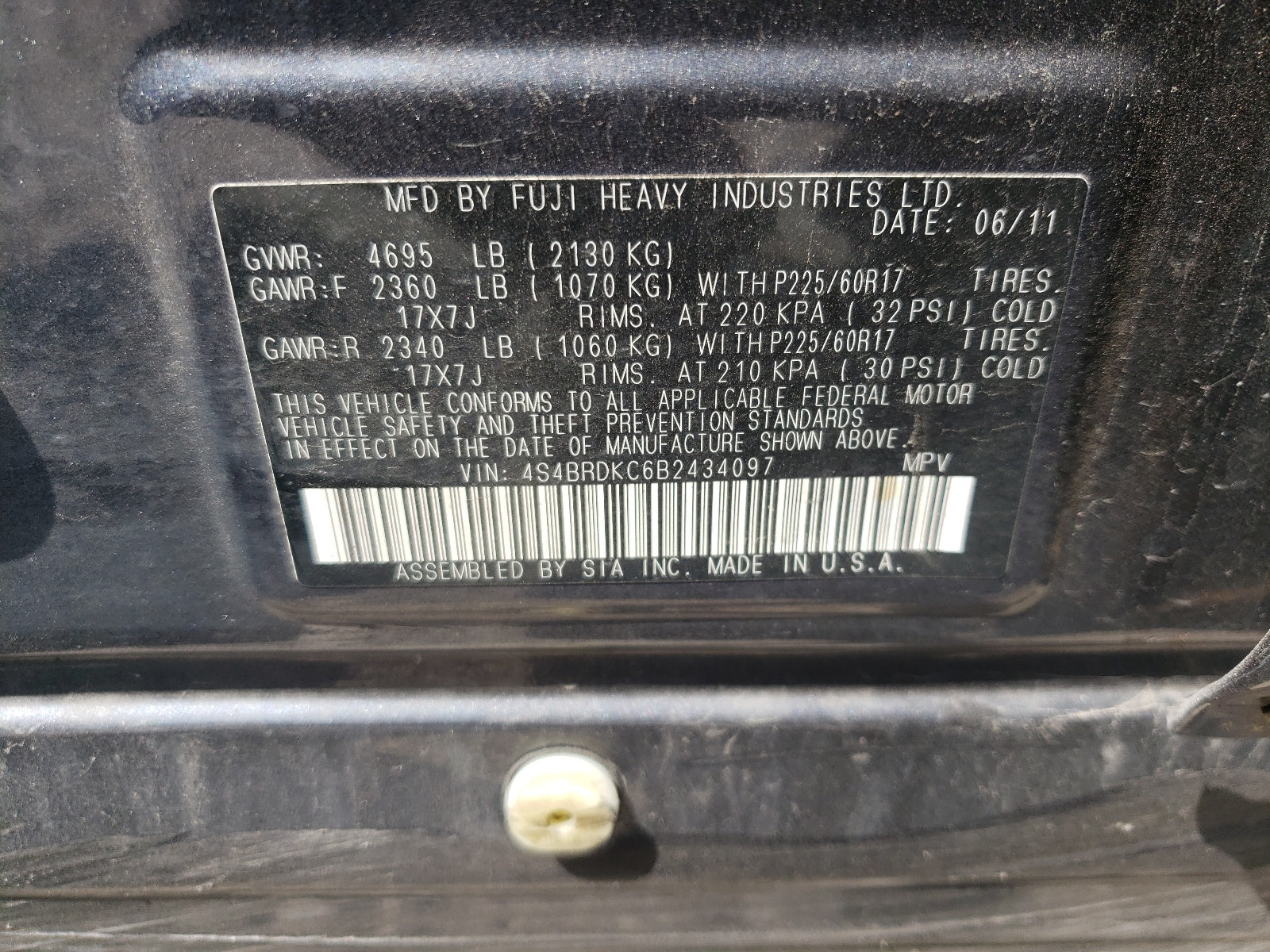 2011 SUBARU OUTBACK 3. - 4S4BRDKC6B2434097