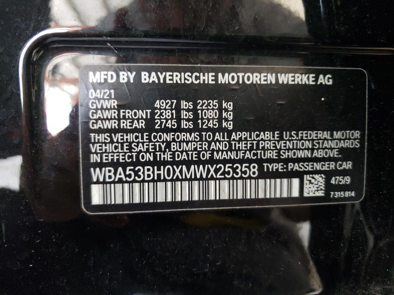 2021 BMW 530 I - WBA53BH0XMWX25358