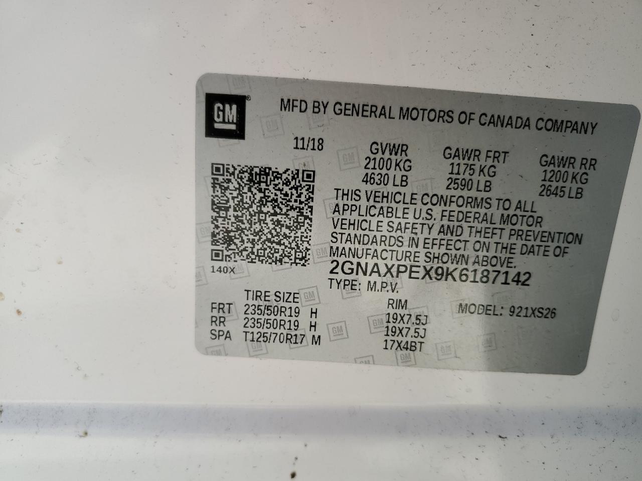 2019 CHEVROLET EQUINOX PR - 2GNAXPEX9K6187142
