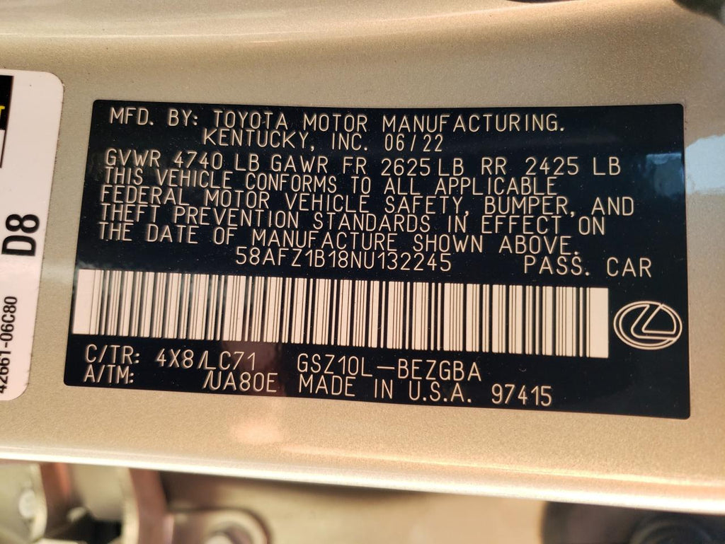 2022 LEXUS ES 350 BAS - 58AFZ1B18NU132245