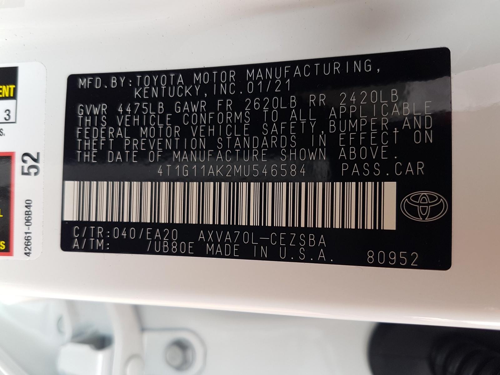 2021 TOYOTA CAMRY SE - 4T1G11AK2MU546584