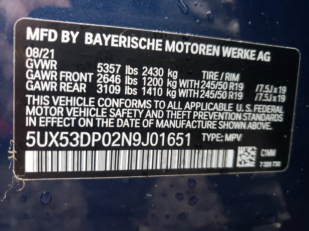 2022 BMW X3 XDRIVE3 - 5UX53DP02N9J01651
